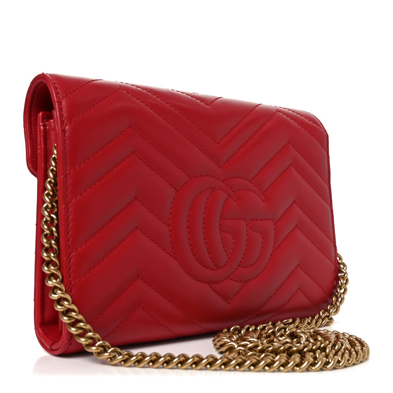 Gucci Calfskin Matelasse GG Marmont Chain Wallet Hibiscus Red