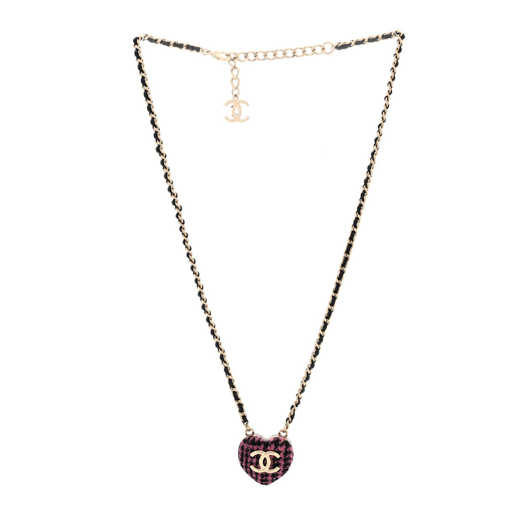 Lambskin Tweed CC Locket Pendant Necklace Black Pink Gold