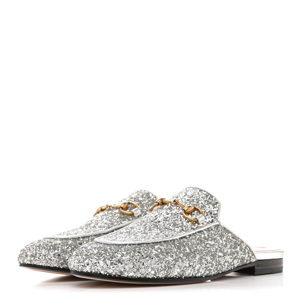 Gucci Glitter Womens Princetown Slippers 36 Silver