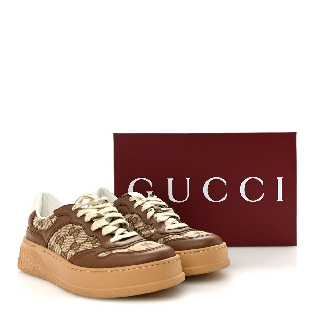 Gucci Calfskin GG Monogram Womens Platform 55mm Sneakers 38.5 Hezelnut Beige Ebony Mystic White