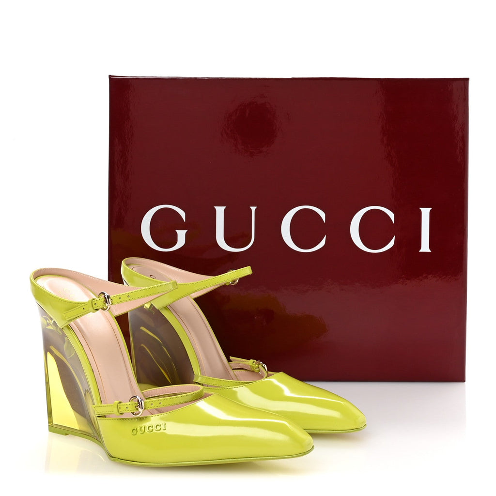 Gucci Regent Calfskin Lucite Wedge 110 Mules 39 Firefly