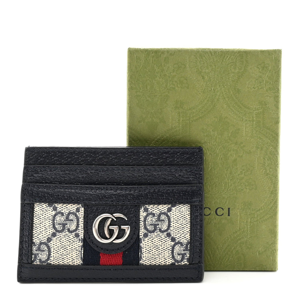 Gucci GG Supreme Monogram Textured Dollar Calfskin Web Ophidia Card Holder Beige Blue