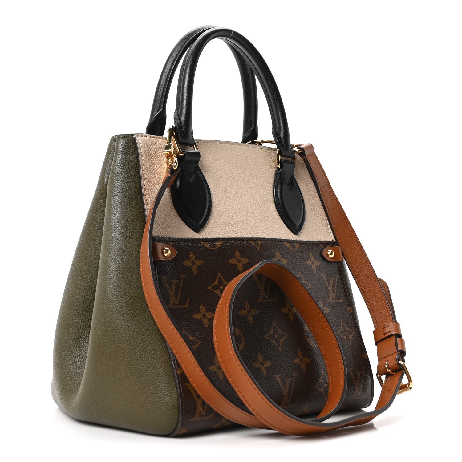 Louis Vuitton Calfskin Monogram Fold Tote Black Khaki Cream