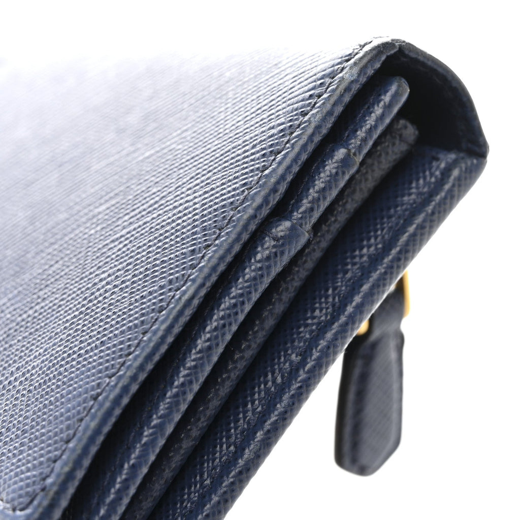 Prada Saffiano Metal Bar Continental Flap Wallet Bluette