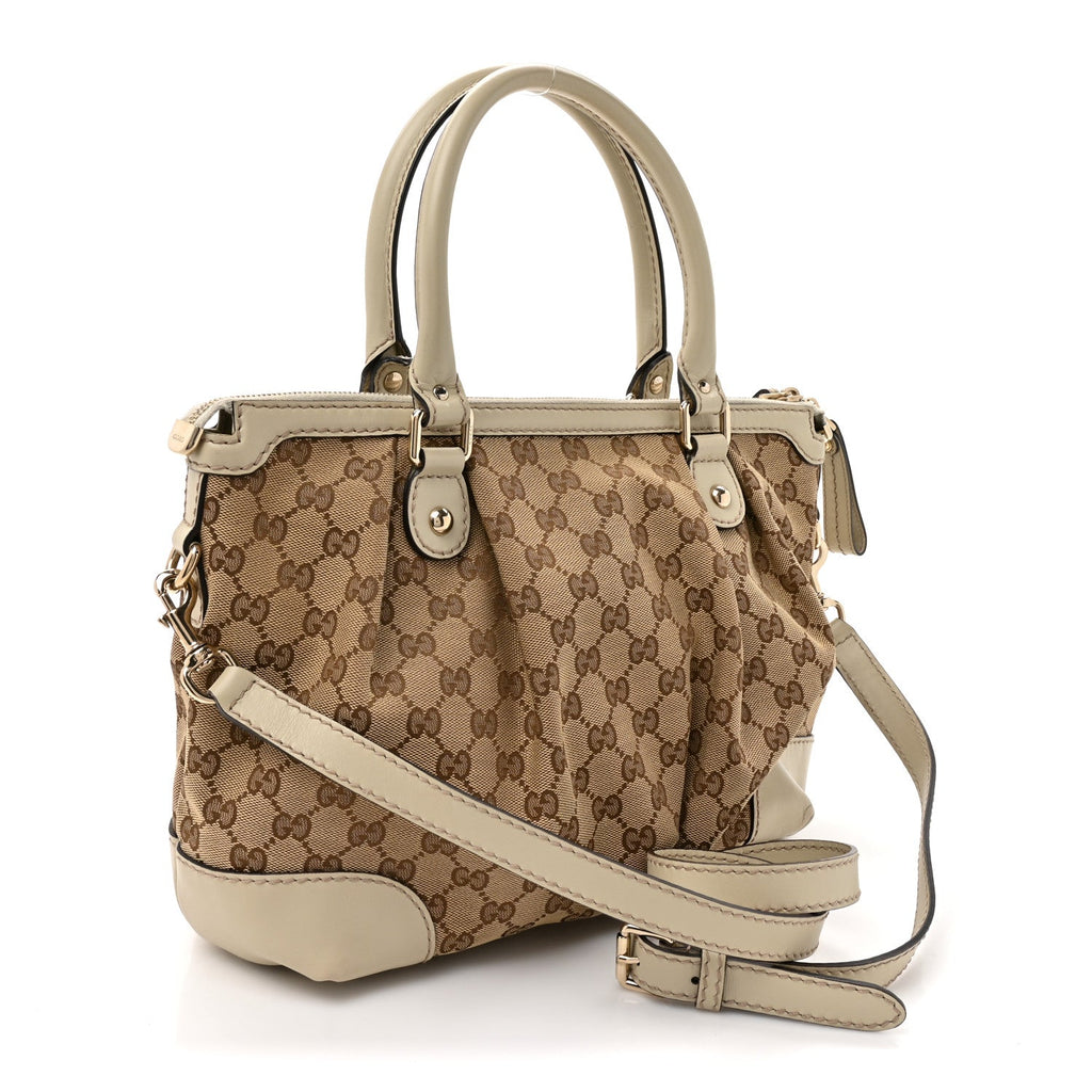 Gucci Monogram Margaux Calfskin Medium Sukey Top Handle Bag Beige Ebony Mystic White