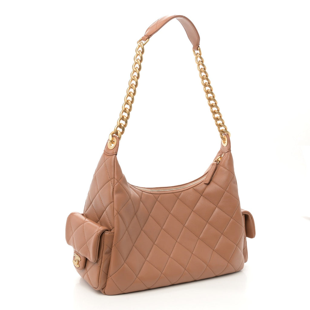 Chanel Shiny Lambskin Quilted Trendy Pockets Hobo Brown