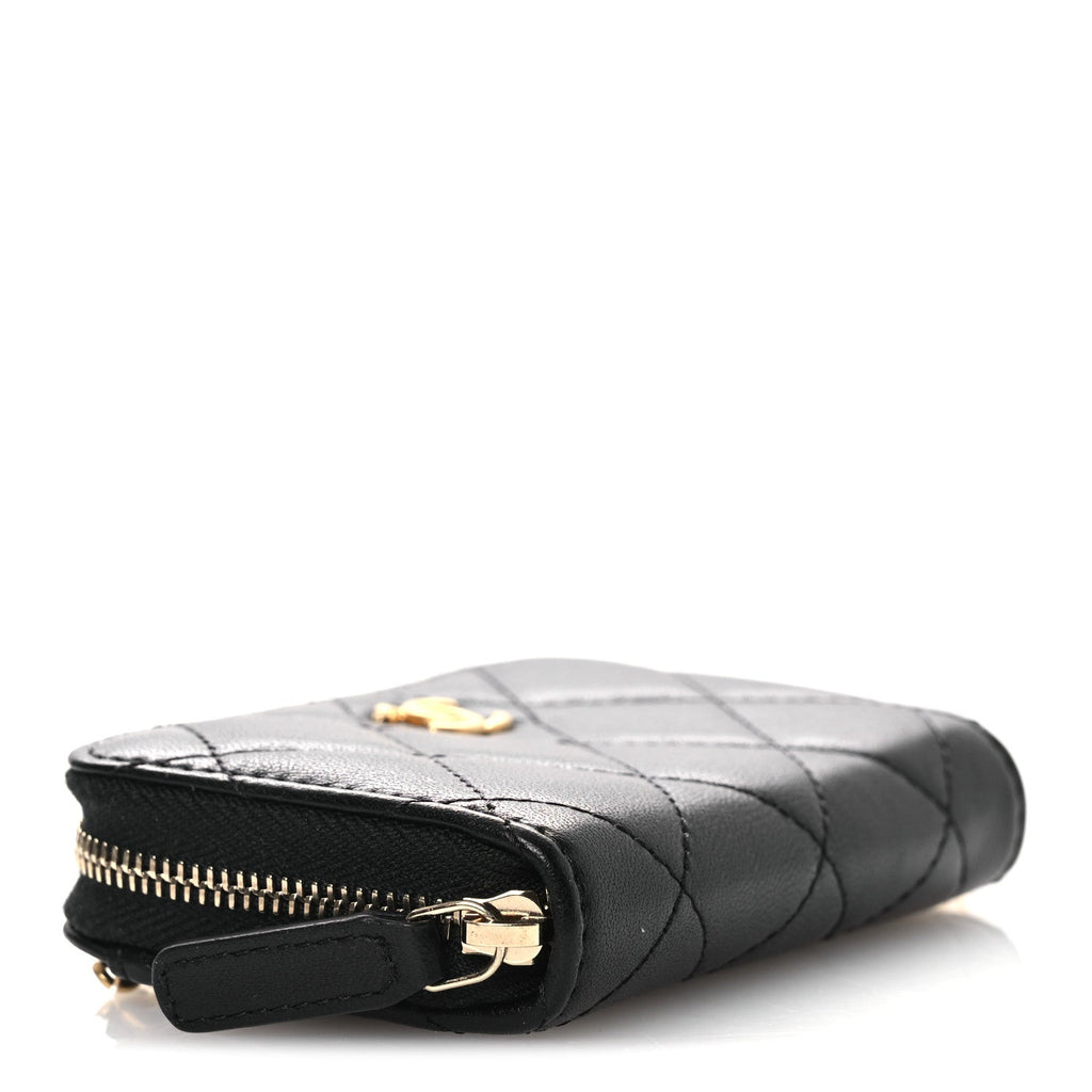 Chanel Lambskin Quilted CC Pearl Crush Zip Card Holder On Chain Black