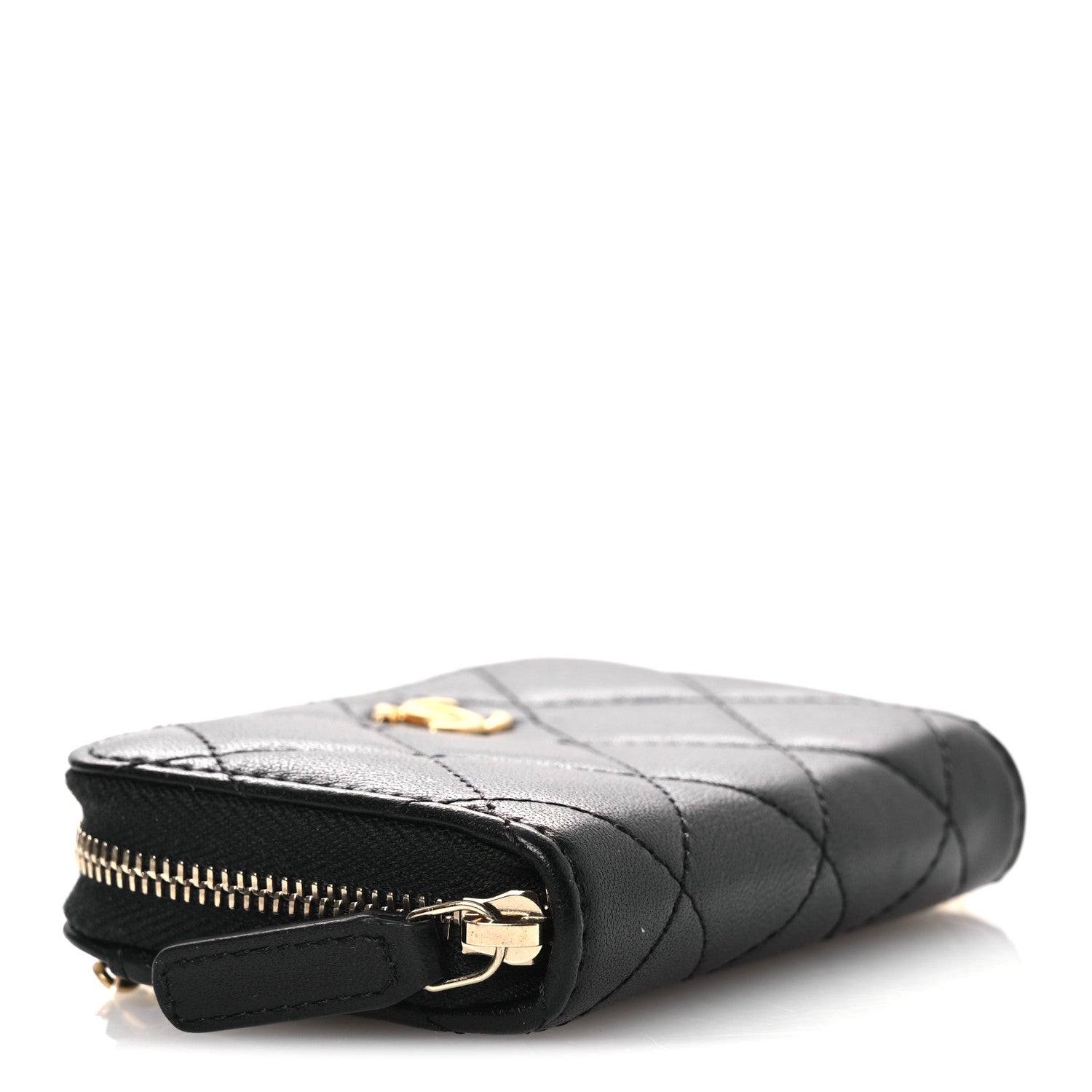 Chanel Lambskin Quilted CC Pearl Crush Zip Card Holder On Chain Black