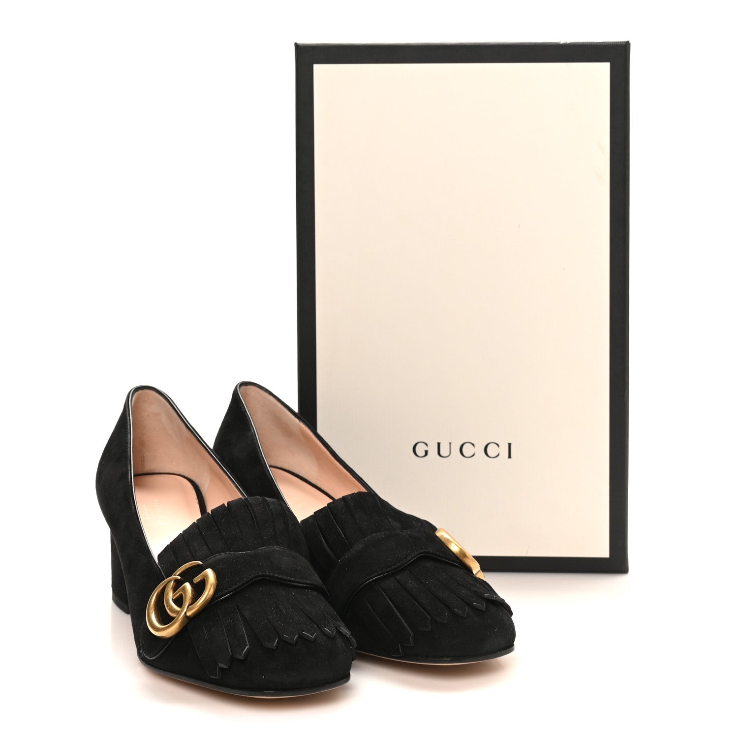 Gucci Kid Scamosciato GG Marmont Fringe 50mm Loafer Pumps 38 Black