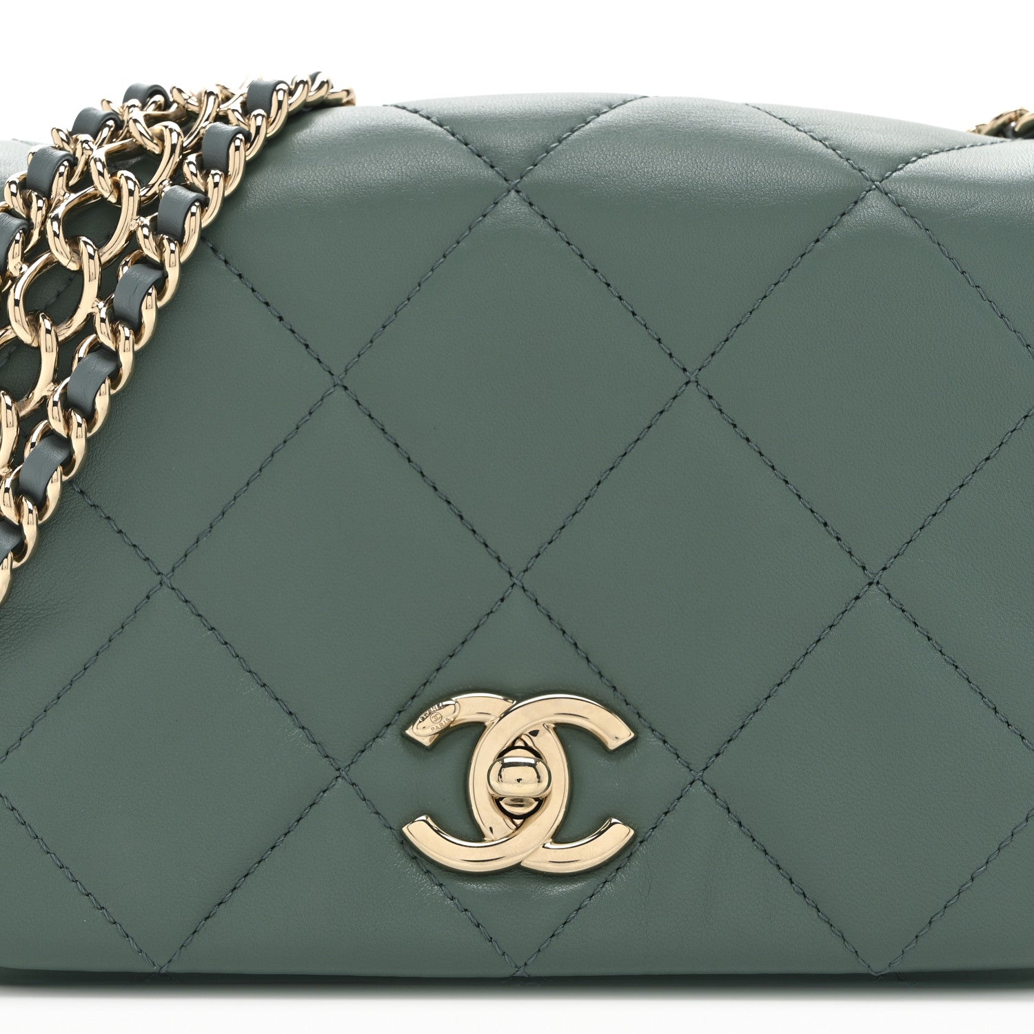 Chanel Lambskin Quilted Mini Chain Rows Flap  Green