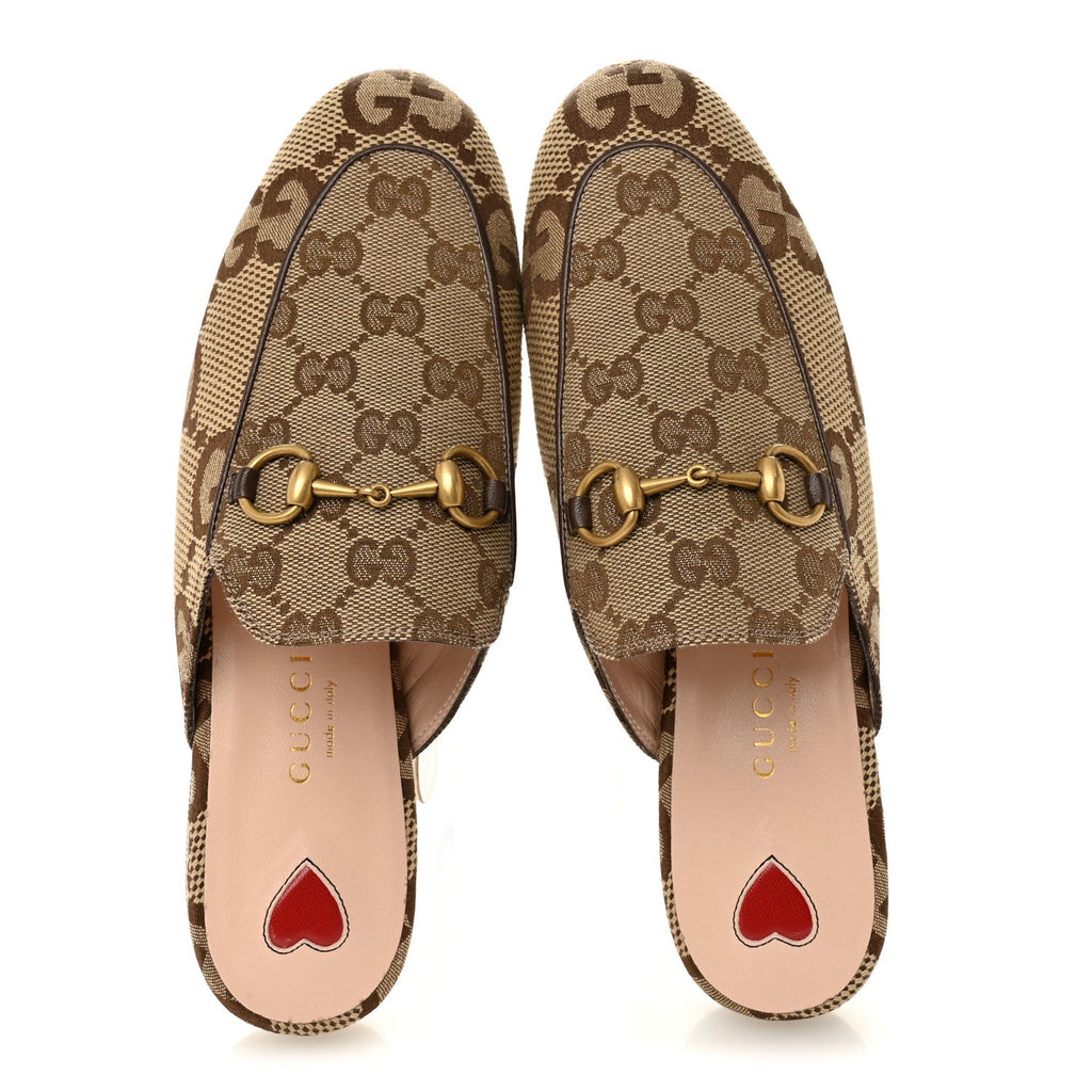 Gucci Monogram Jumbo GG Malaga Kid Womens Princetown Slippers 35 Camel Ebony New Acero Beige