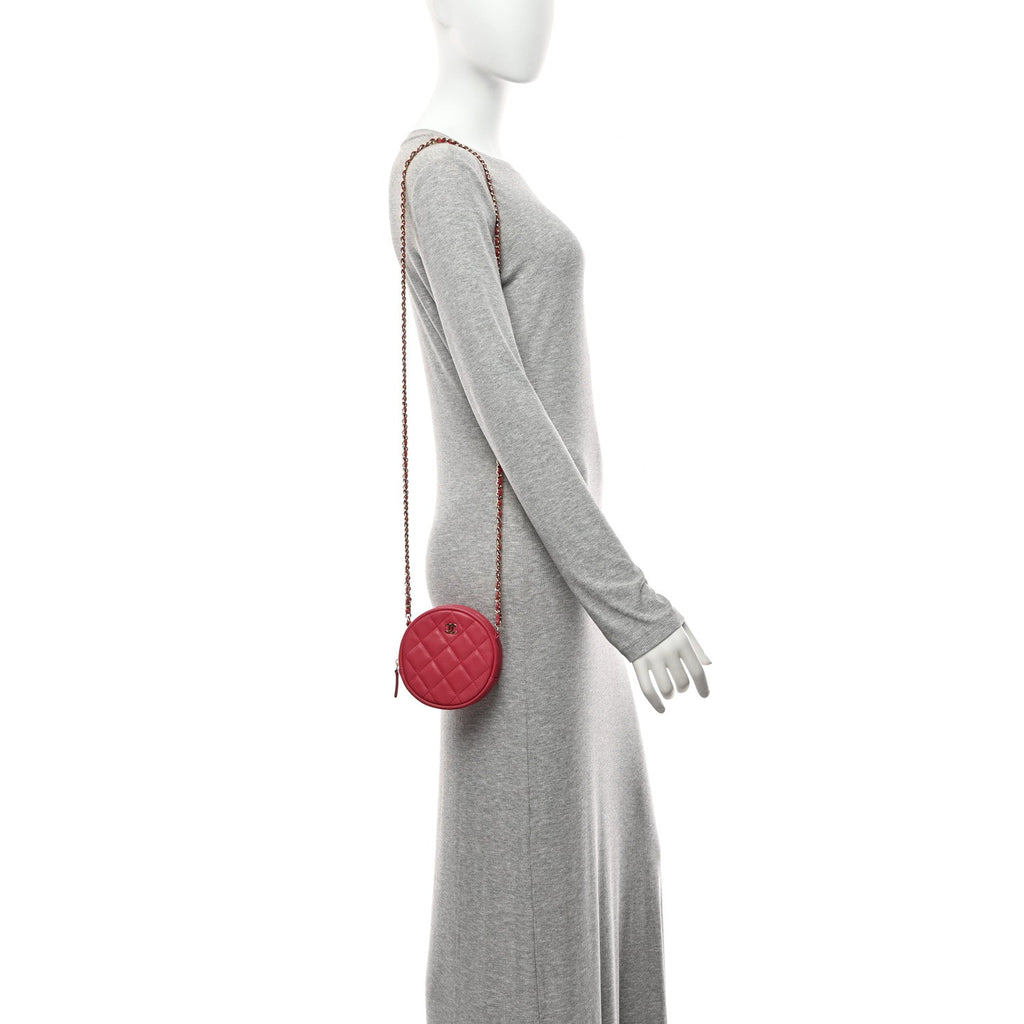Chanel Lambskin Quilted Round Clutch With Chain Pink