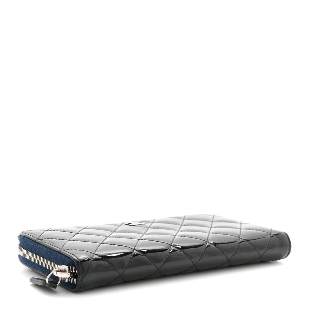 Patent Quilted Zip Around Wallet Dark Blue