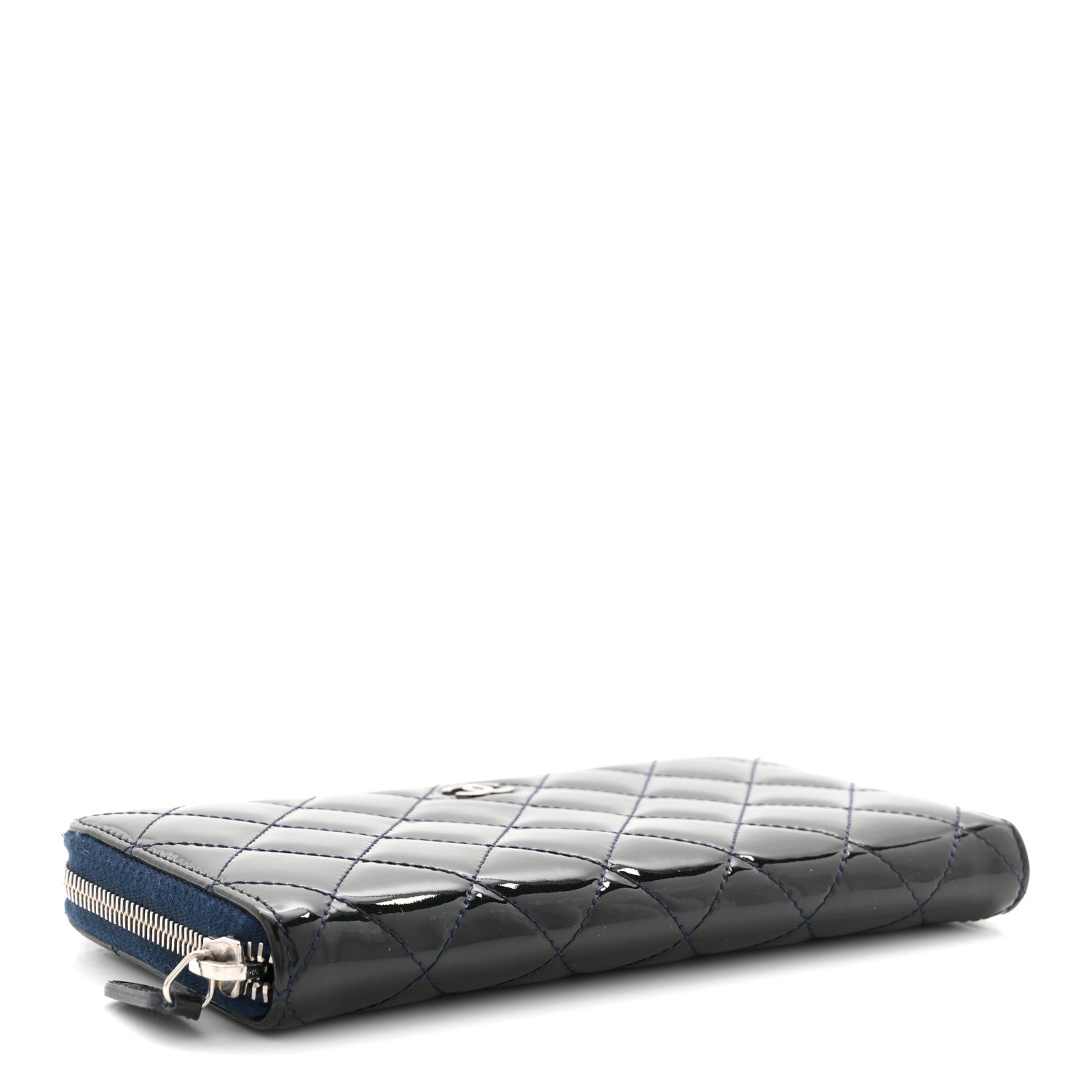Patent Quilted Zip Around Wallet Dark Blue