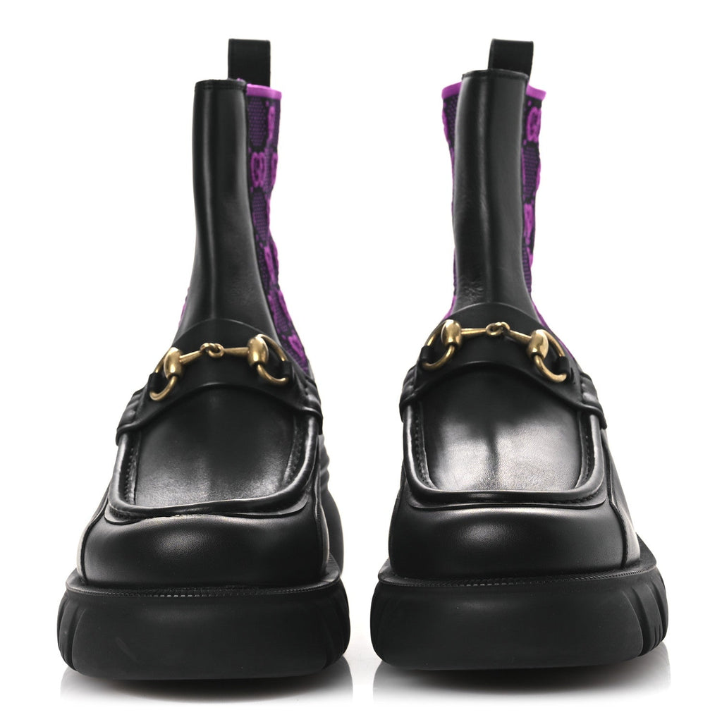 Gucci Quebec Calfskin Technical Jersey Knit GG Monogram Horsebit Ankle Boots 42 Black Fucsia