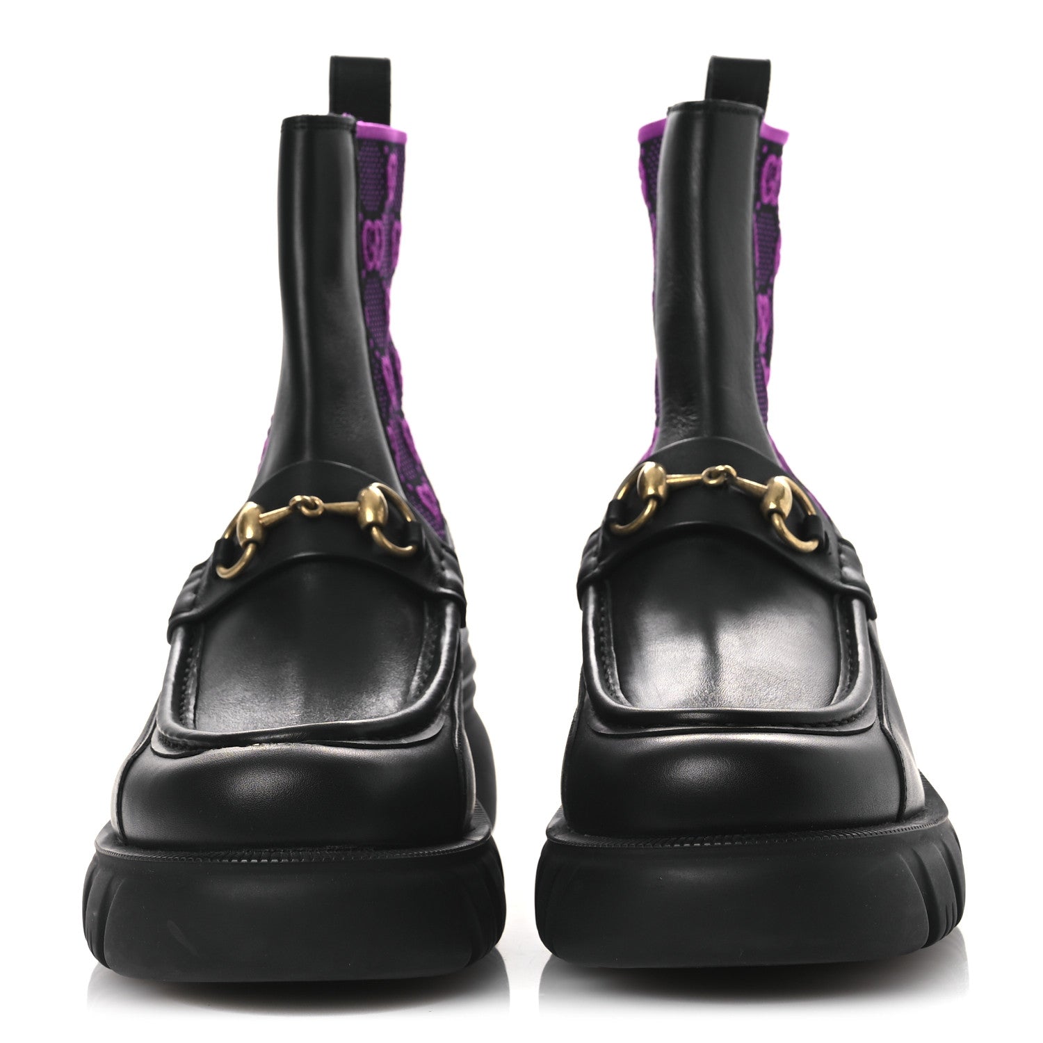 Gucci Quebec Calfskin Technical Jersey Knit GG Monogram Horsebit Ankle Boots 42 Black Fucsia