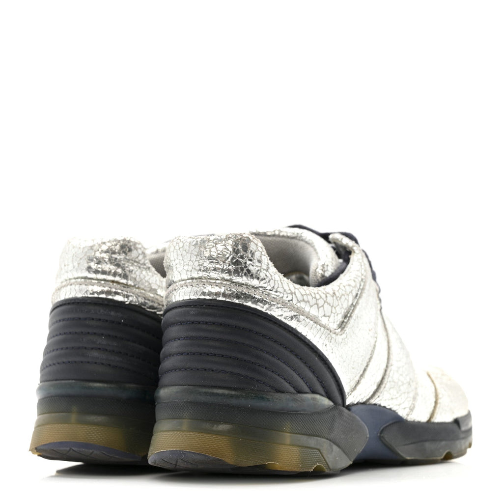 Metallic Crackled Calfskin CC Sneakers 36 Silver Black Navy
