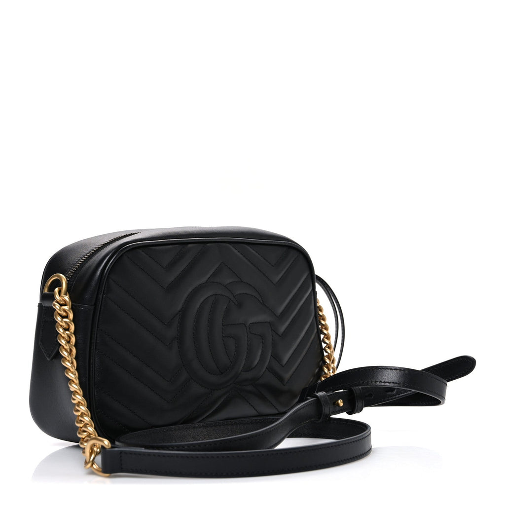 Gucci Calfskin Matelasse Small GG Marmont Chain Shoulder Bag Black