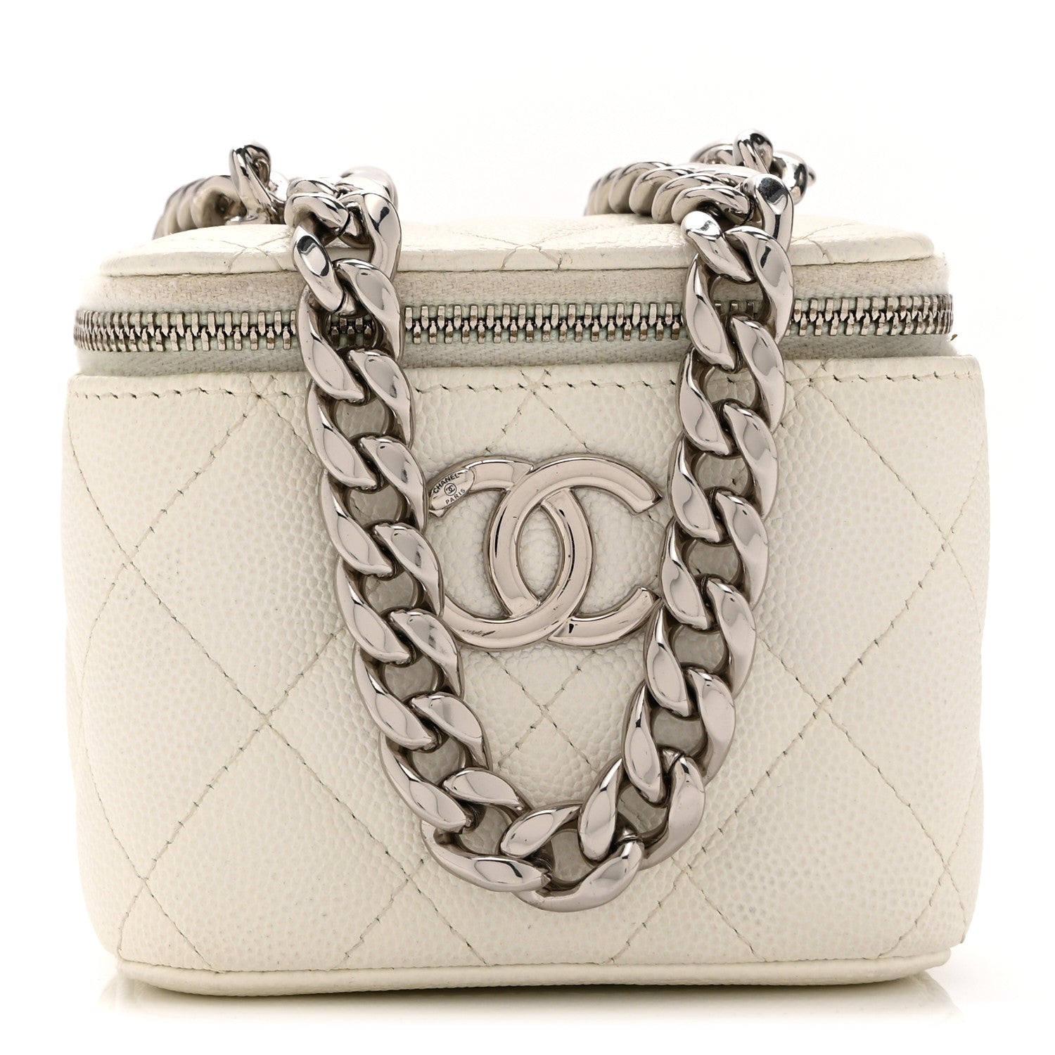 Chanel Caviar Quilted Enamel Coco Mini Vanity Case With Chain White