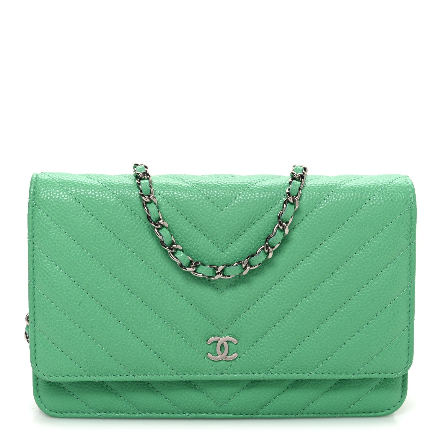 Chanel Caviar Chevron Quilted Wallet On Chain WOC Green