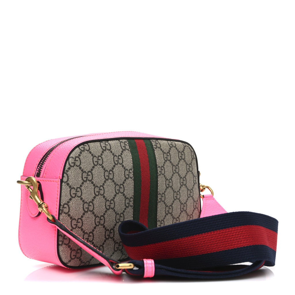 Gucci GG Supreme Monogram Textured Dollar Calfskin Web Ophidia Small Crossbody Bag Beige Ebony Fuchsia