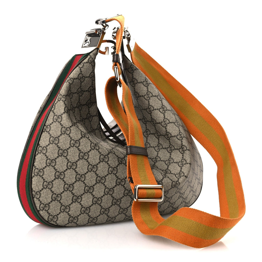 Gucci GG Supreme Monogram Textured Calfskin Web Large Attache Shoulder Bag Beige Ebony New Acero