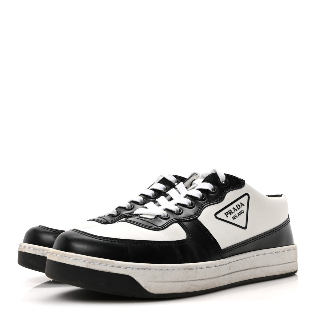 Prada Spazzolato Rois Vitello Soft Triangle Logo Womens Low Top Sneakers 39 White Black