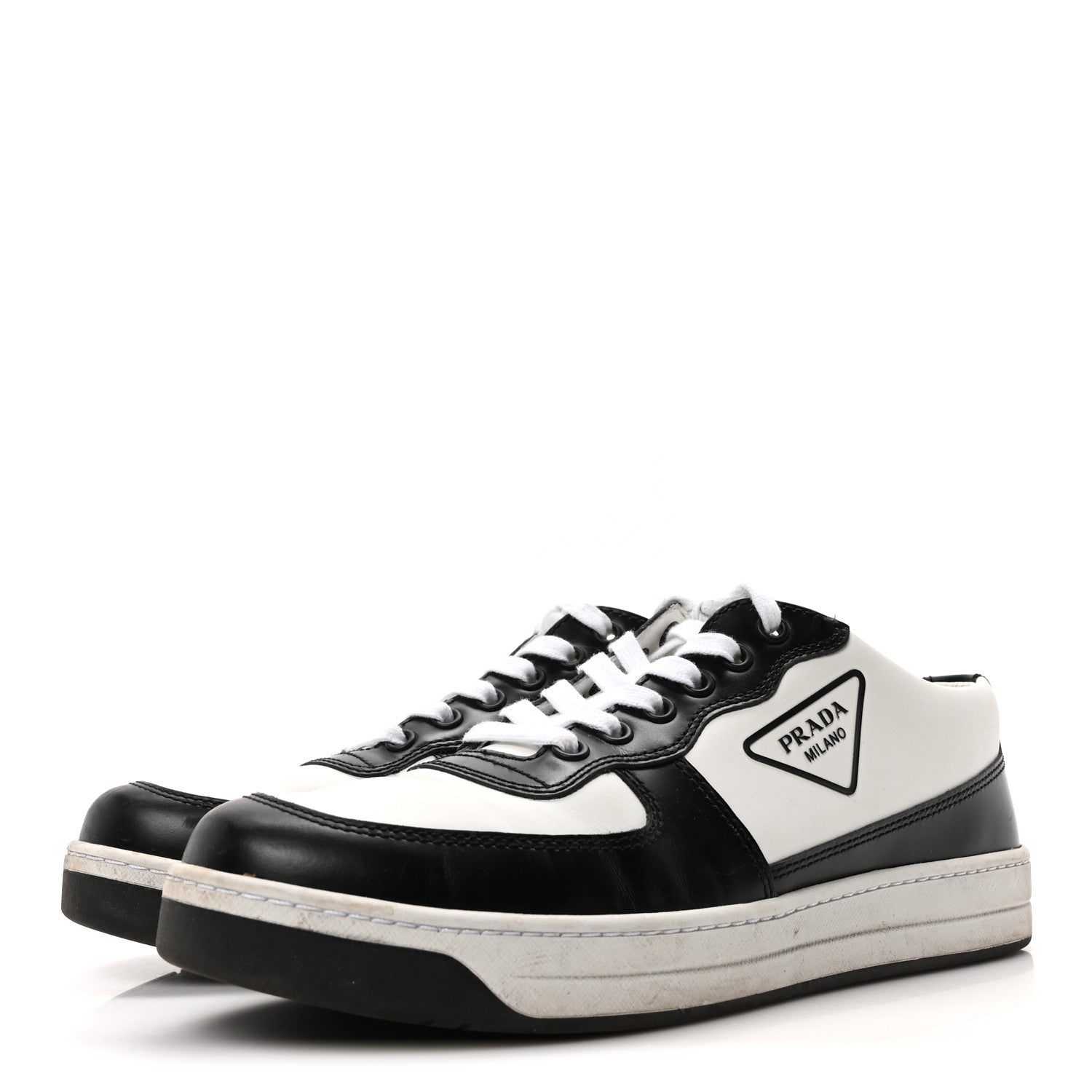 Prada Spazzolato Rois Vitello Soft Triangle Logo Womens Low Top Sneakers 39 White Black