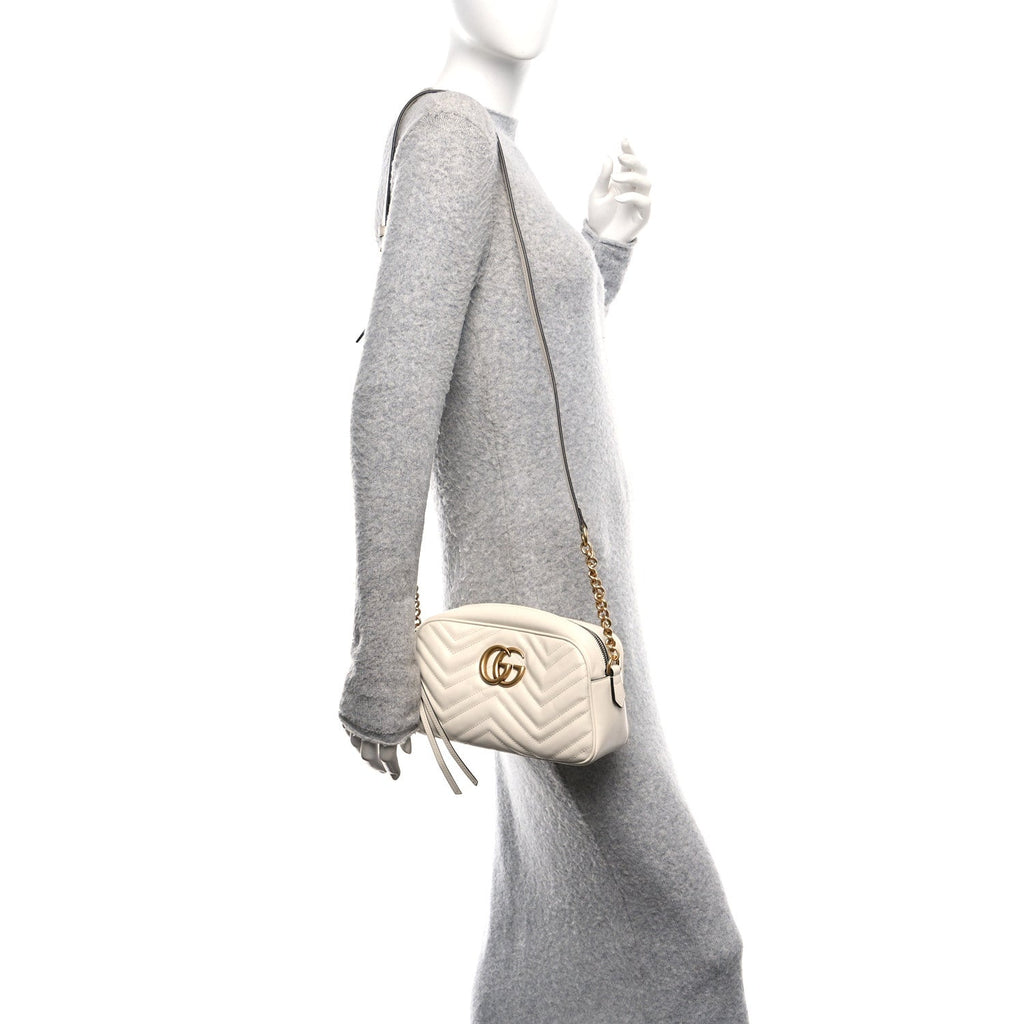 Gucci Calfskin Matelasse Small GG Marmont Chain Shoulder Bag White