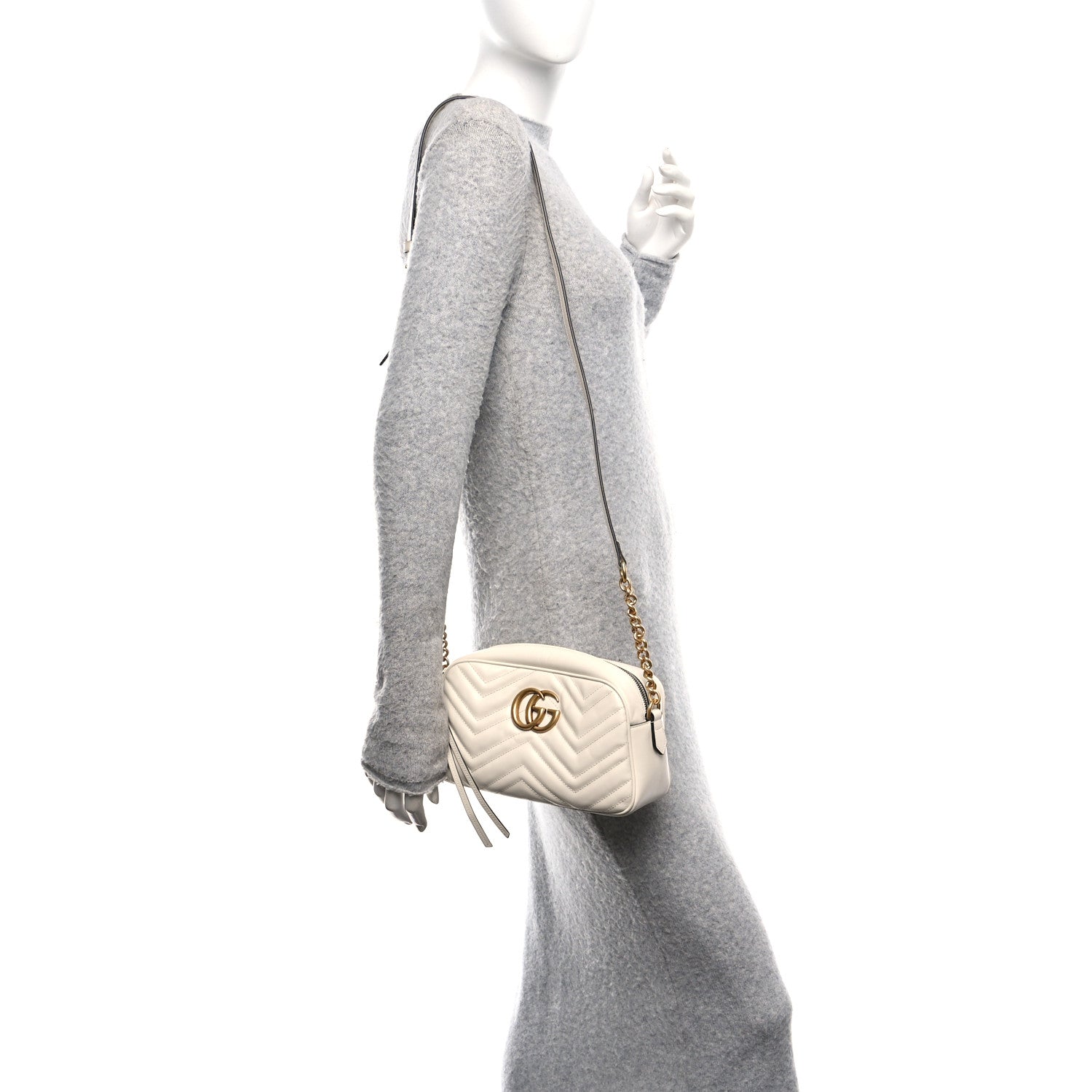 Gucci Calfskin Matelasse Small GG Marmont Chain Shoulder Bag White