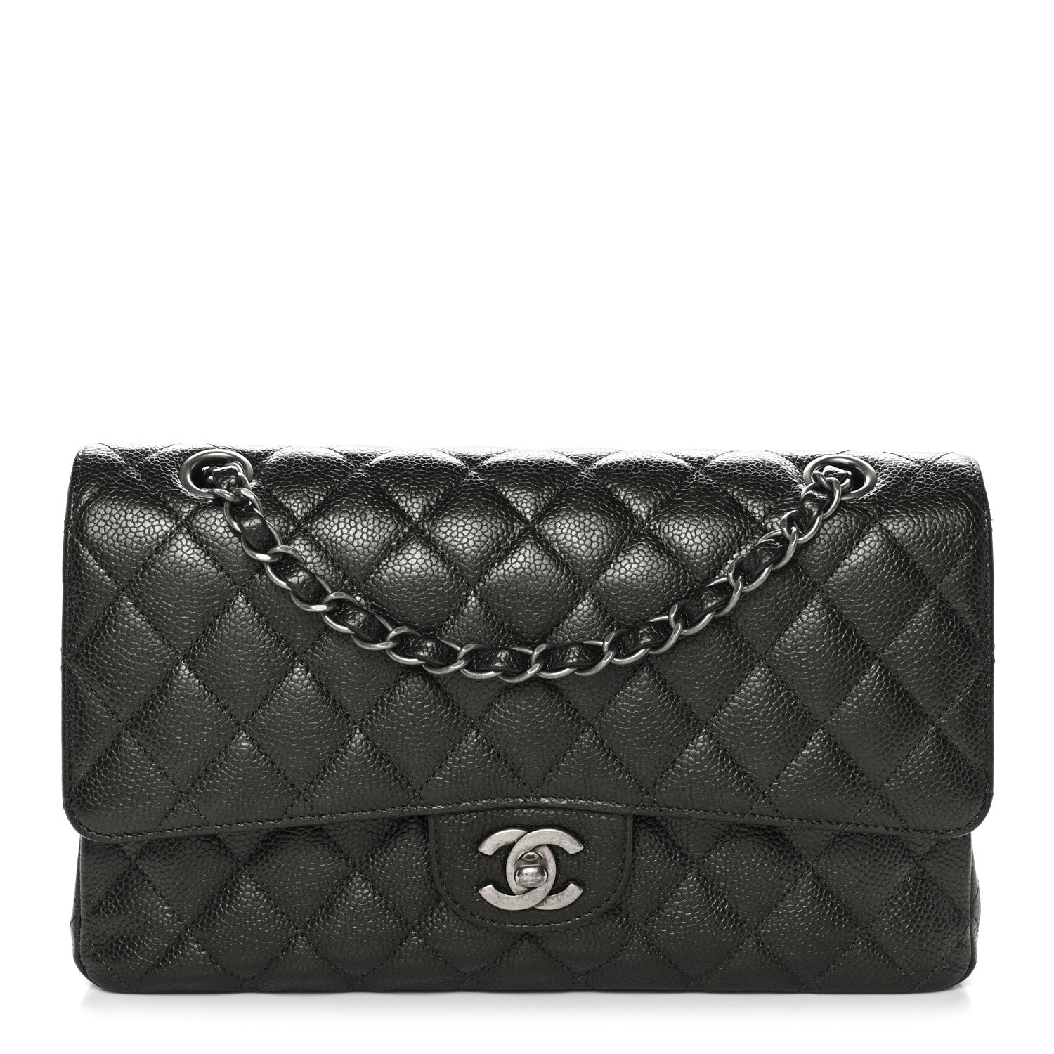 Chanel Metallic Caviar Quilted Medium Double Flap Dark Charcoal