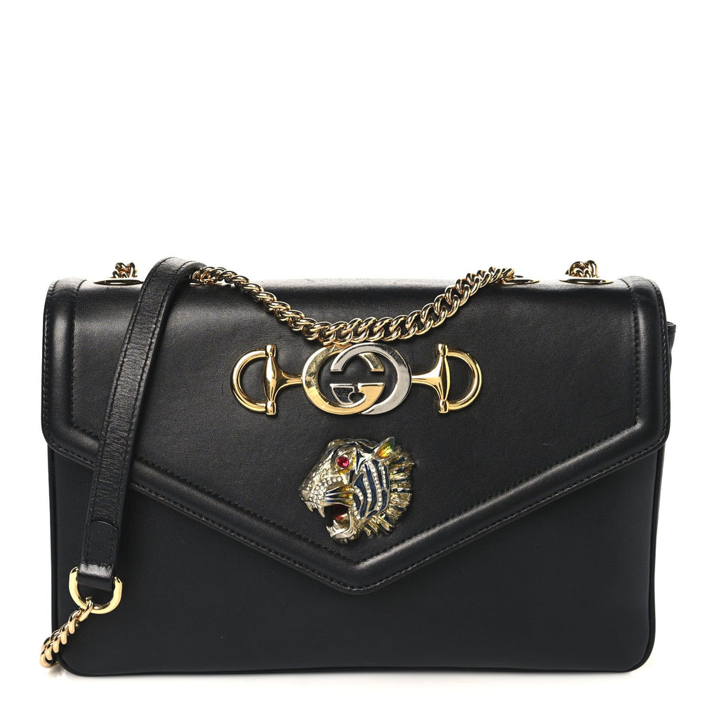 Gucci Vitello Palmellato Lux Crystal Medium Rajah Shoulder Bag Black