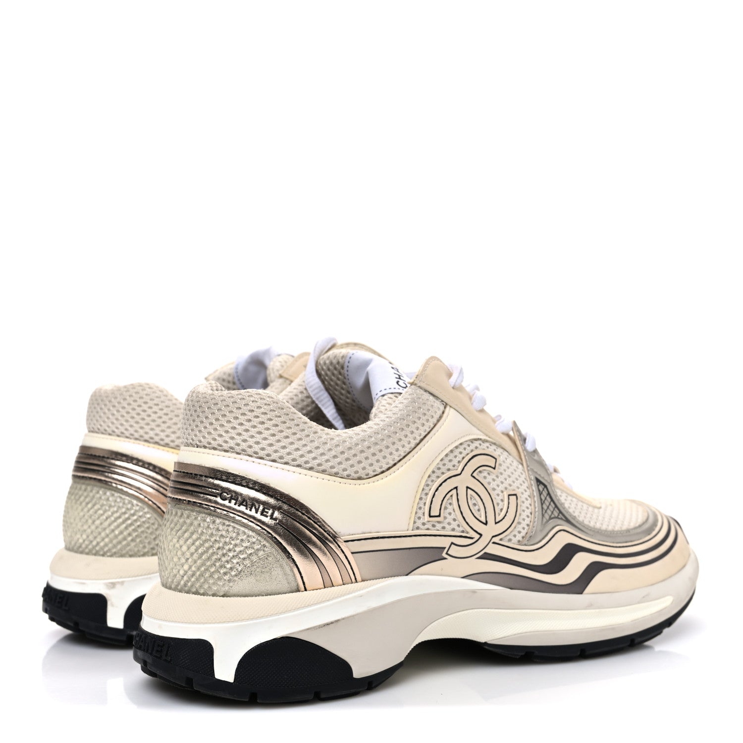 Fabric Laminated Calfskin Stretch CC Sneakers 41 Ivory White Silver