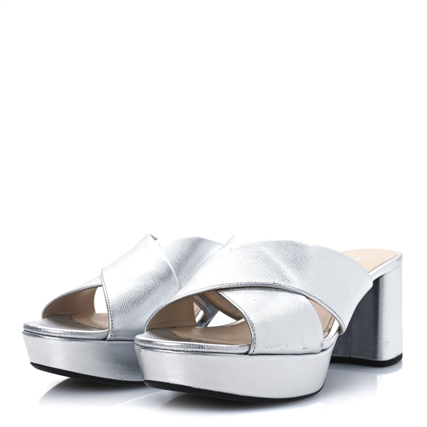 Prada Metallic Saffiano Crisscross Platform Sandals 41 Silver