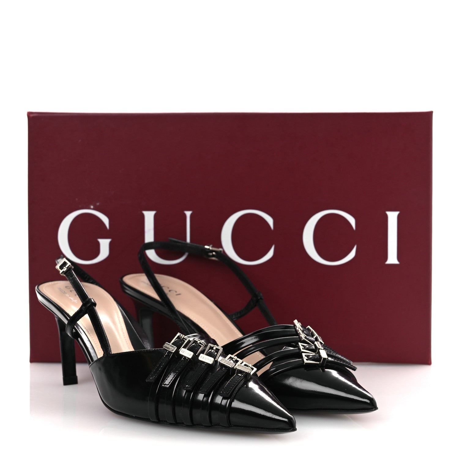 Gucci Patent Regent Calfskin Walma 65 Buckle Slingback Pumps 38 Black