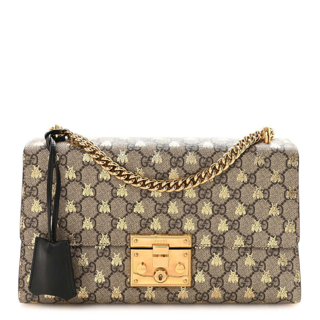 Gucci GG Supreme Monogram Bees Medium Padlock Shoulder Bag Beige Oro Black