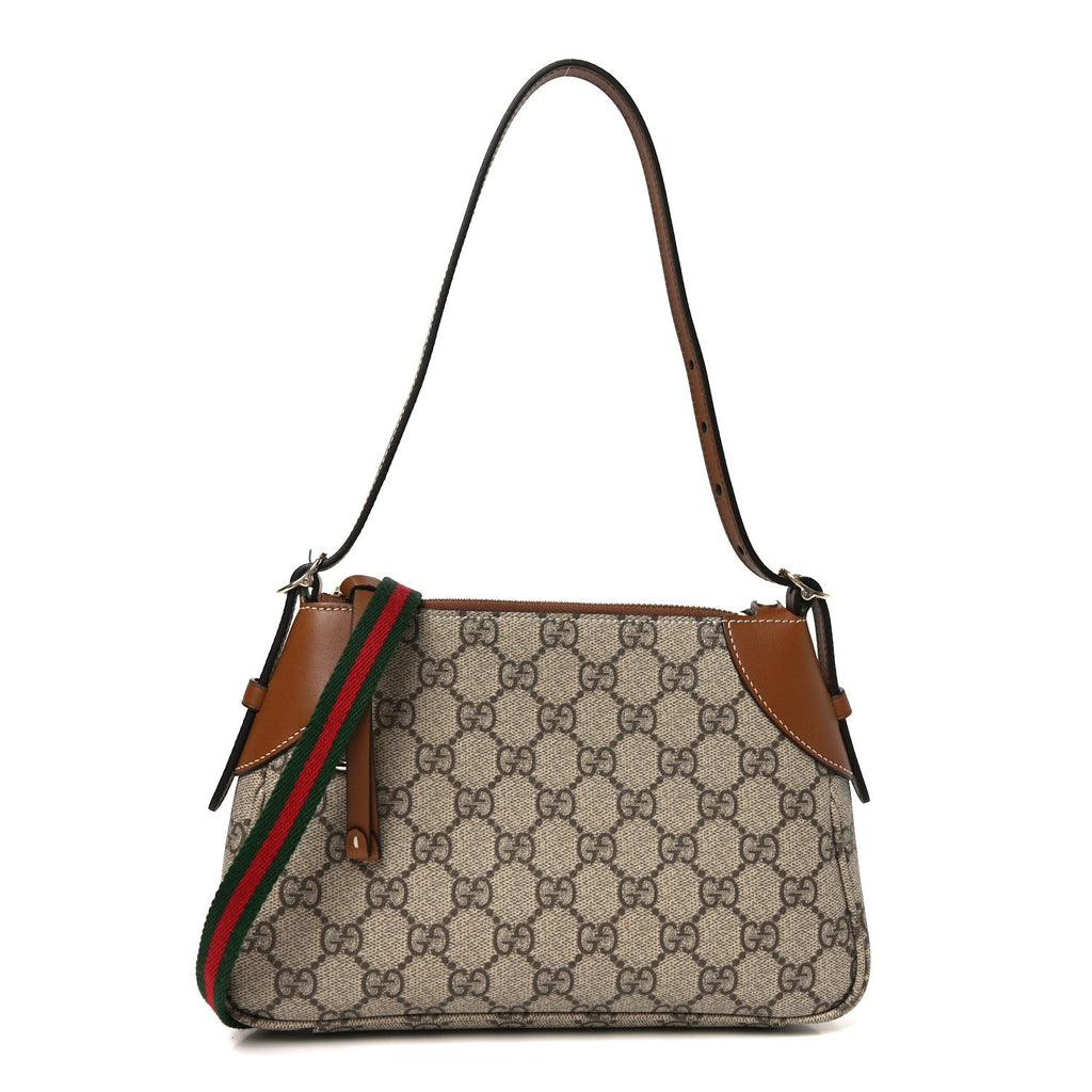 Gucci GG Supreme Monogram Textured Calfskin Small Emblem Shoulder Bag Beige Dark Brown