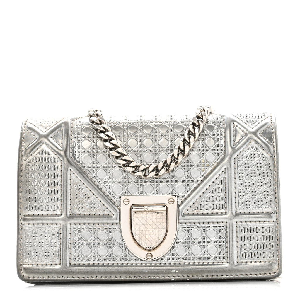 Christian Dior Metallic Patent Micro-Cannage Baby Diorama Flap Bag Silver
