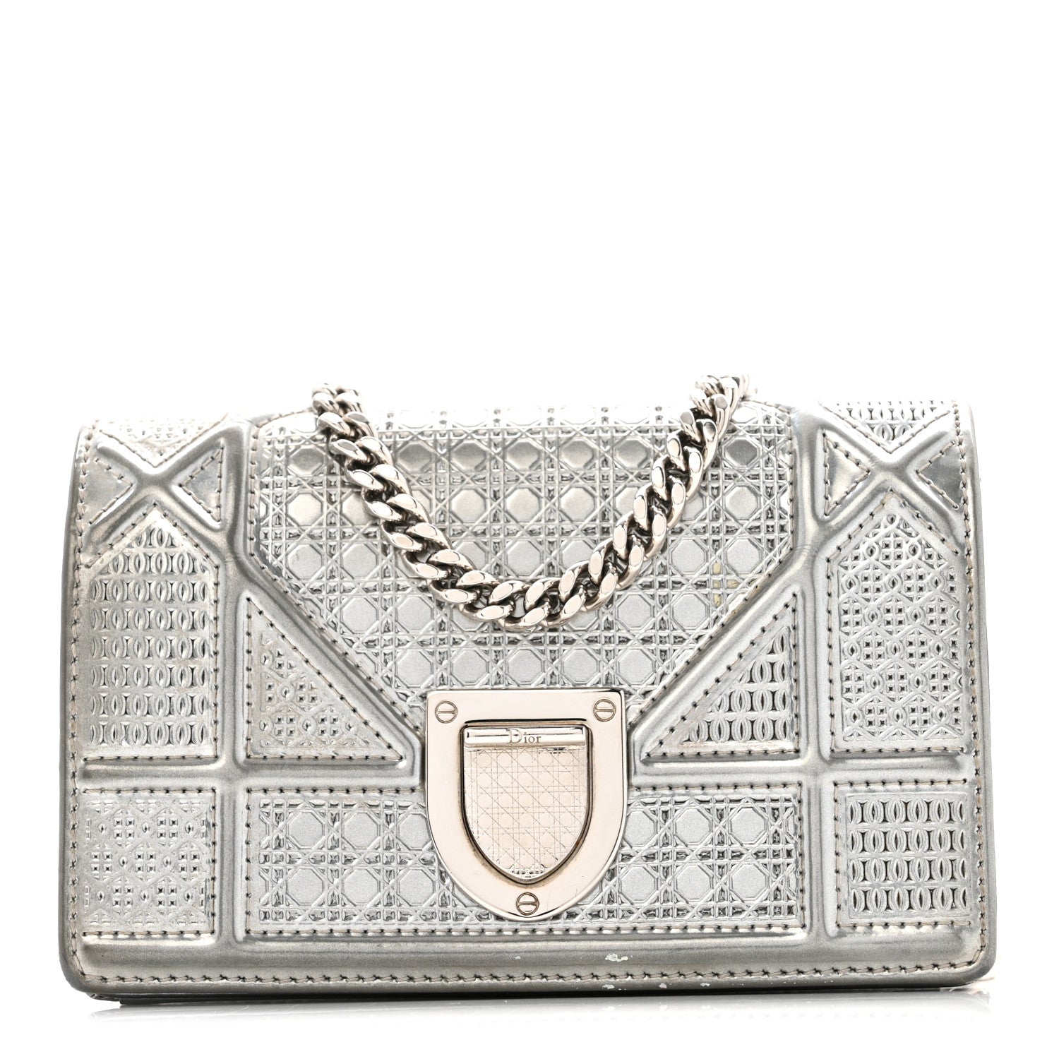 Christian Dior Metallic Patent Micro-Cannage Baby Diorama Flap Bag Silver