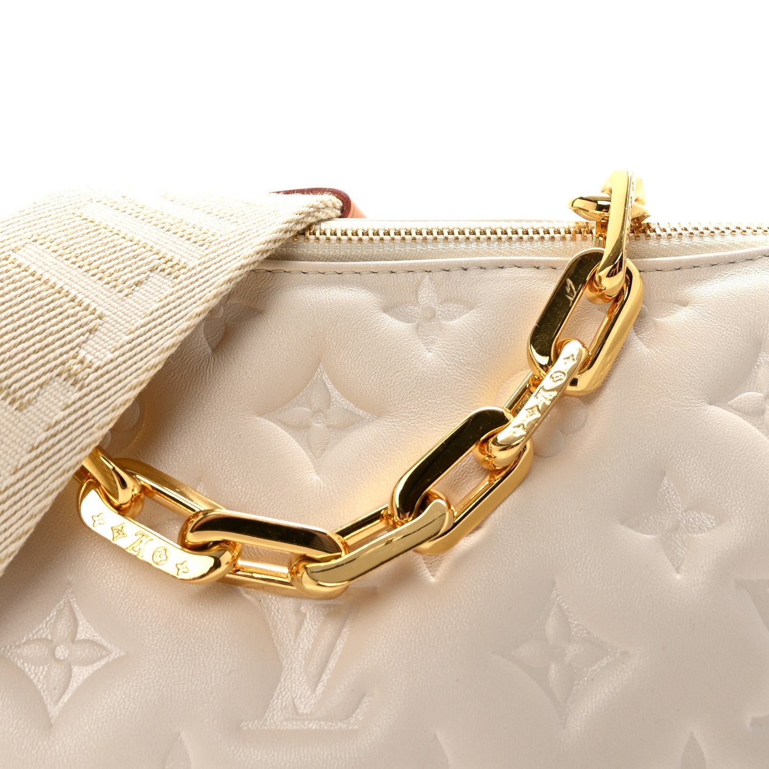 Louis Vuitton Lambskin Embossed Monogram Coussin PM White