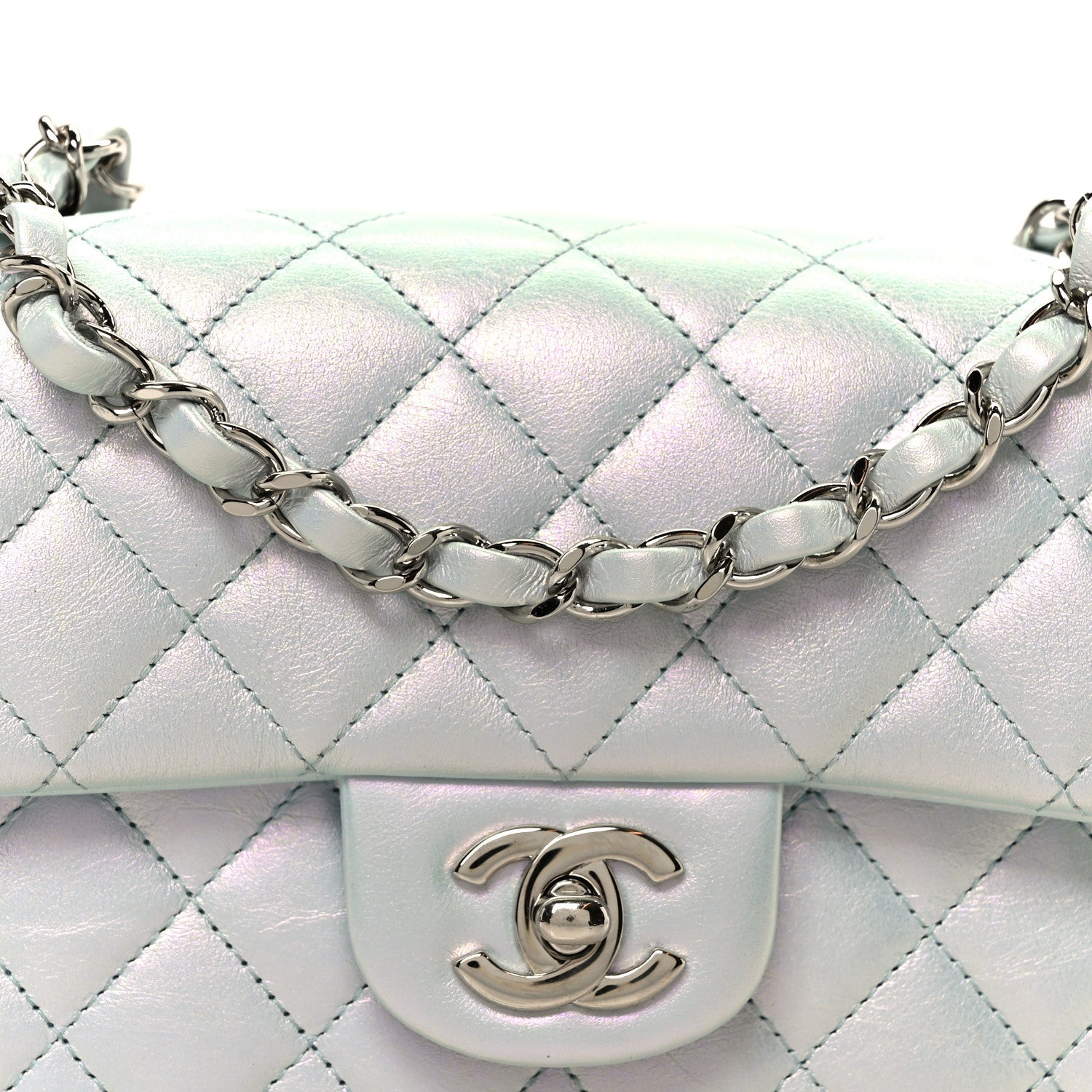 Chanel Iridescent Calfskin Quilted Mini Rectangular Flap Light Blue