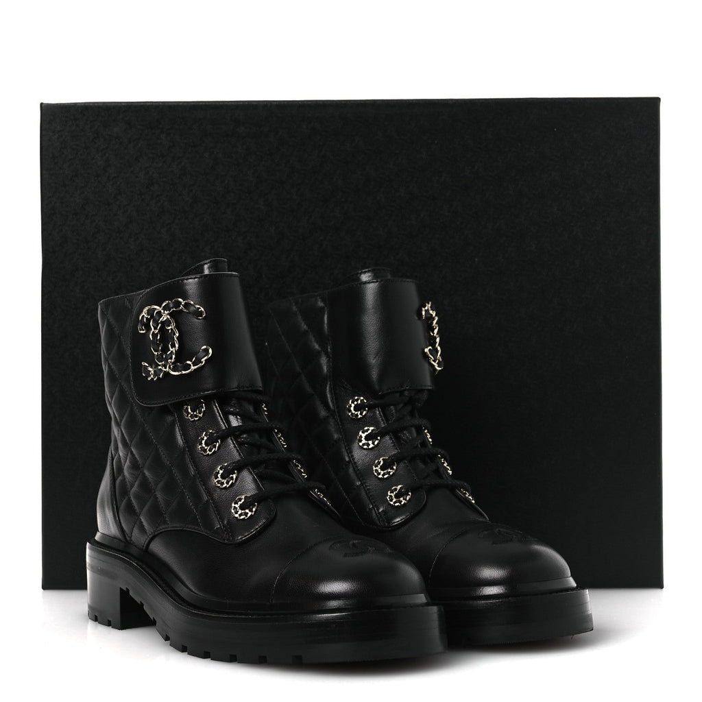 Chanel Shiny Lambskin Quilted Lace Up Combat Boots 37 Black