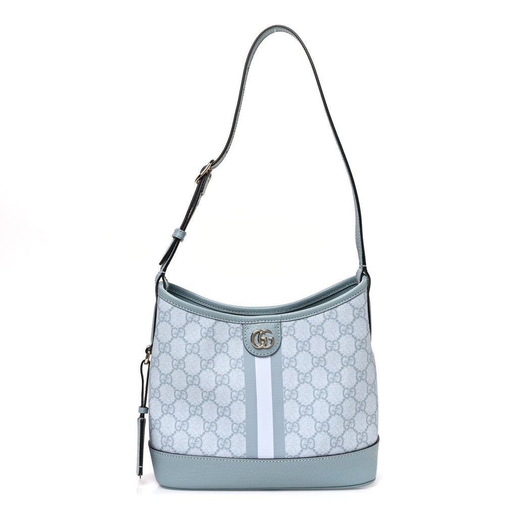 Gucci GG Supreme Monogram Textured Dollar Calfskin Web Small Ophidia Bucket Shoulder Bag Dusty Blue