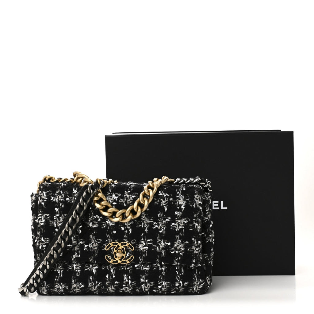 Chanel Tweed Quilted Large Chanel 19 Flap Black Silver Ecru