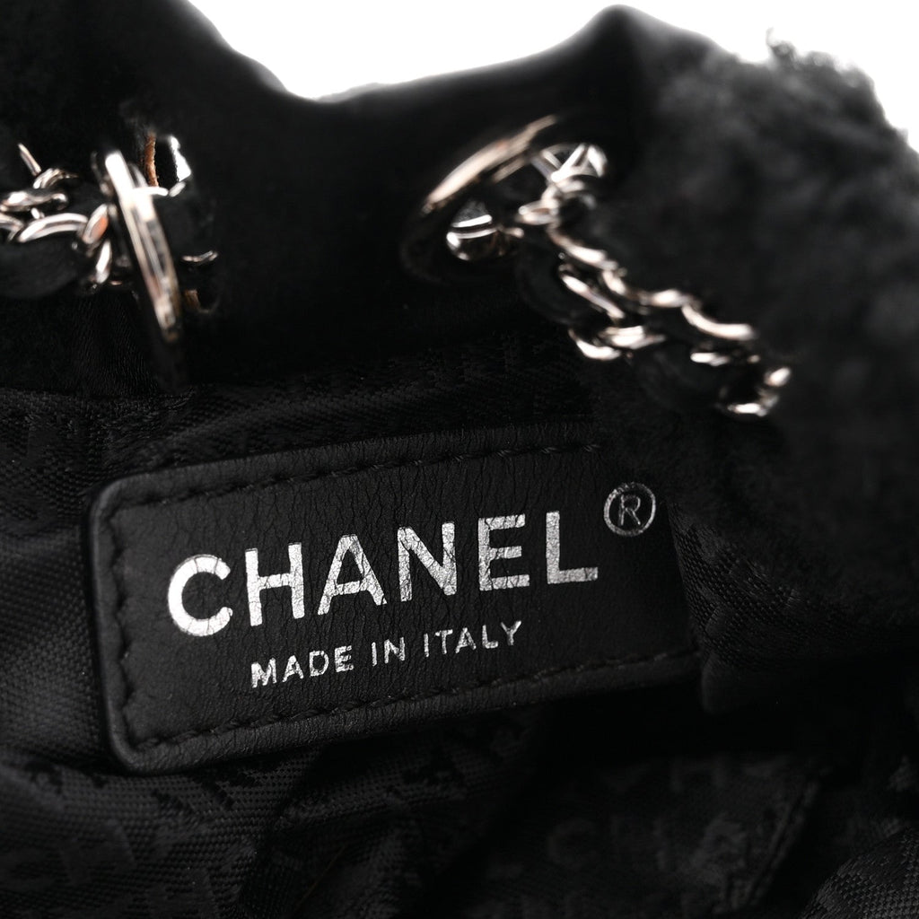 Chanel Fur Satin Drawstring Tassel Sac Cordon Shoulder Bag Black