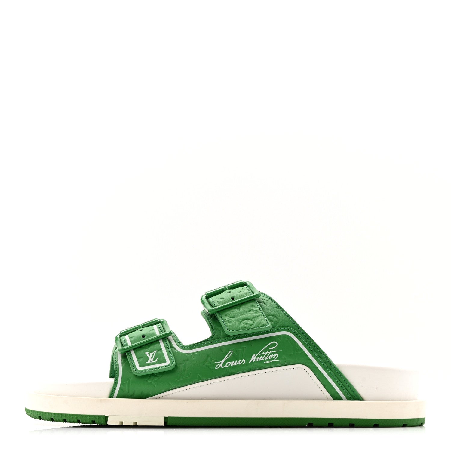 Louis Vuitton Calfskin Embossed Mens Script Trainer Mules 8 Green White