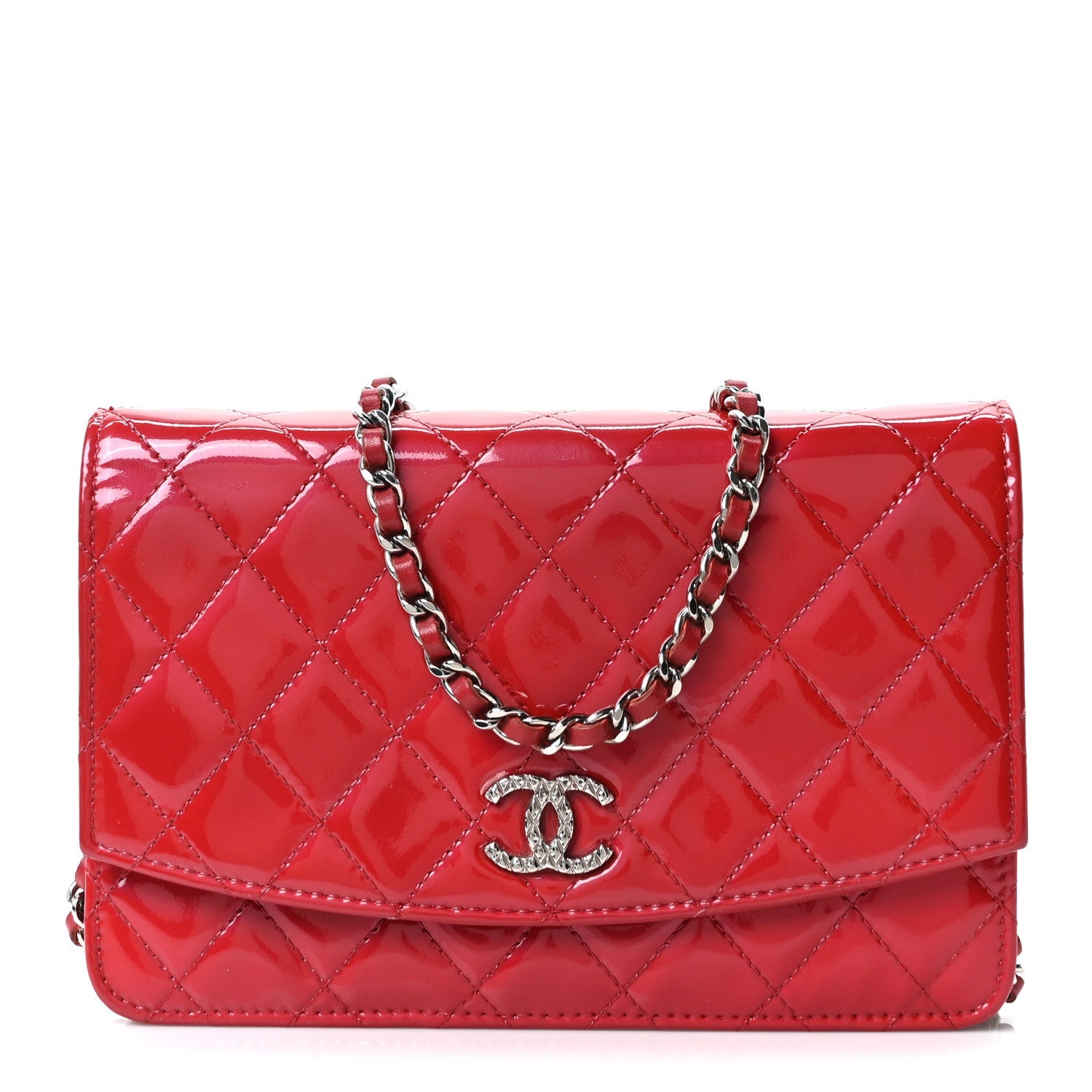 Chanel Patent Quilted Brilliant Wallet On Chain WOC Red