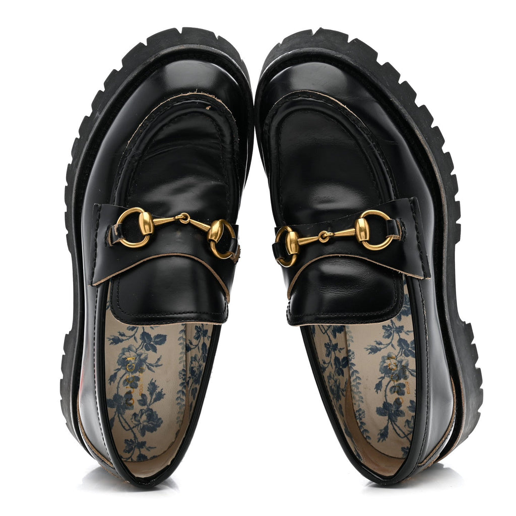 Gucci Cordovan Lux Womens Harald Horsebit 25mm Platform Loafers 38.5 Black