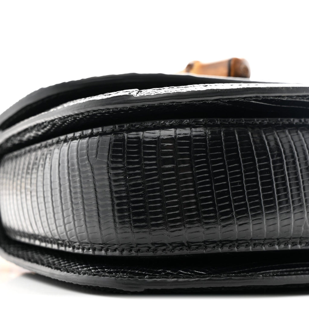 Gucci Sequin Lizard Embossed GG Mini Bamboo 1947 Top Handle Chain Bag Black White