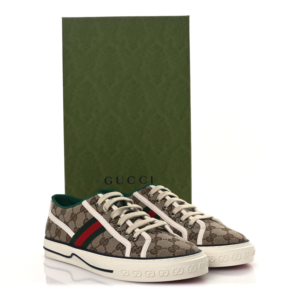 Gucci GG Monogram Web Mens 1977 Tennis Sneakers 8.5 Beige Ebony Mystic White Vert